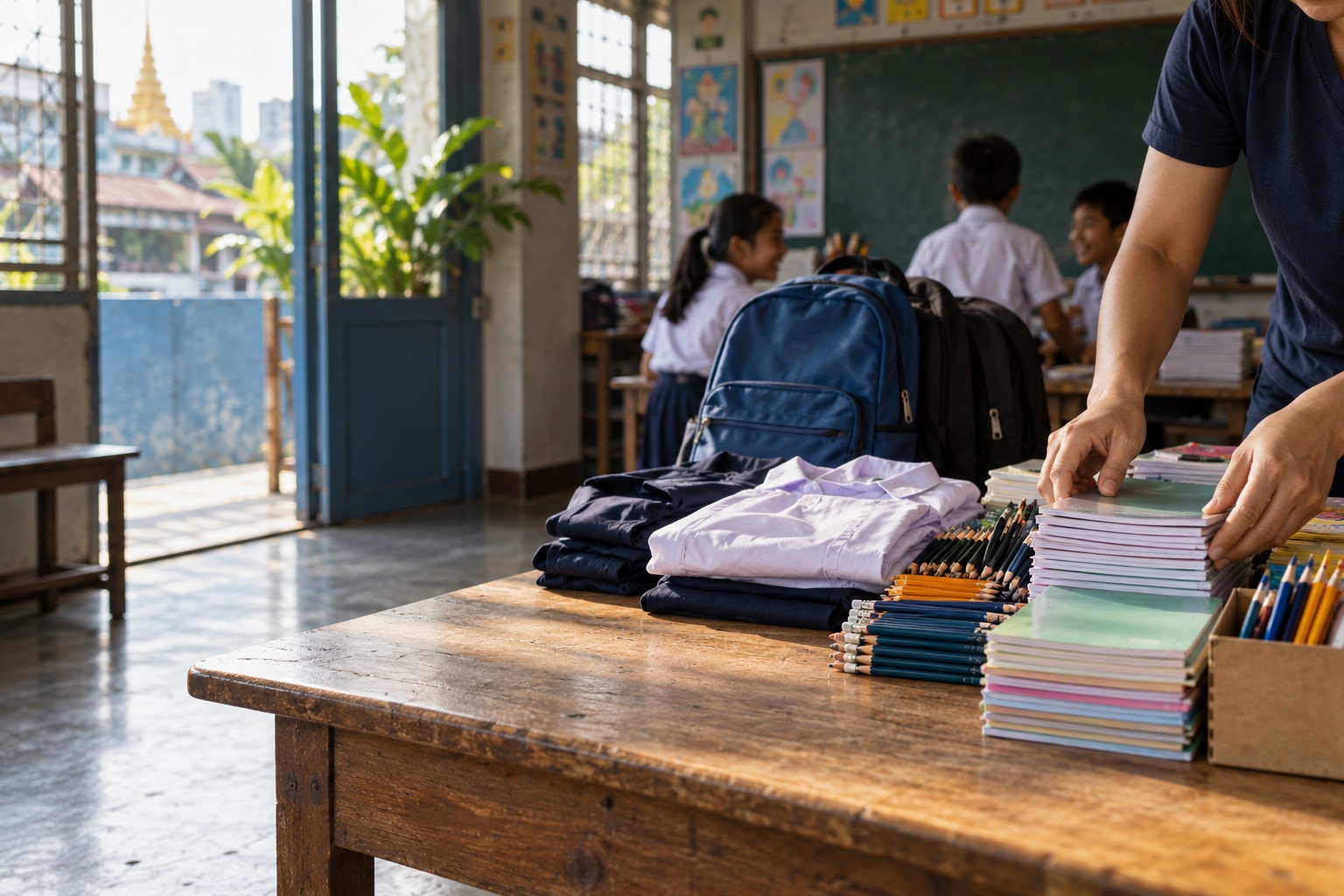 School bags and learning supplies ready for the new term